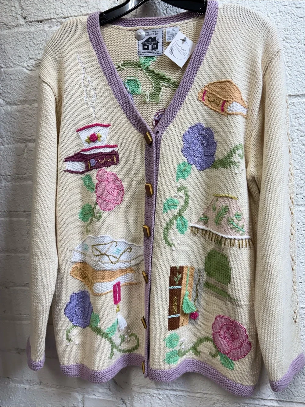 Vintage Storybook Knits Cream Reading Cardigan with Lavender Trim